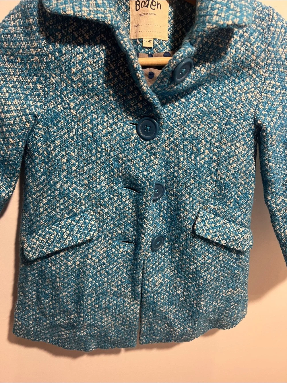 Mini Boden Girls' Teal Tweed Pea Coat Size 3-4 Years